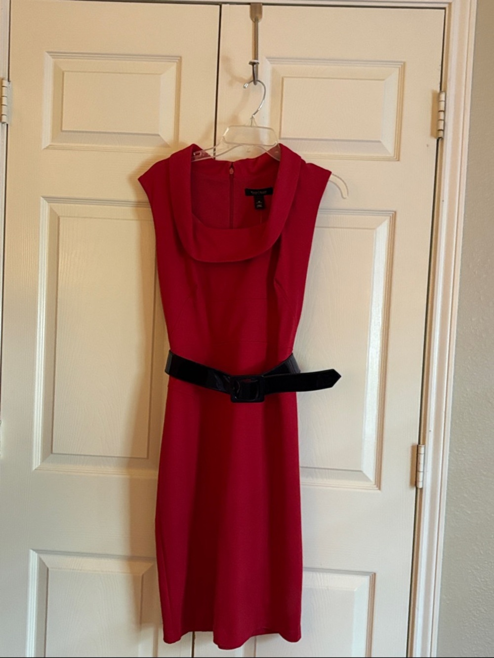 White House Black Market Red Cowl-Neck Midi Dress with Black Belt